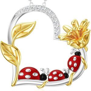 PEIMKO Ladybug Pendant Necklace Sterling Silver Daisy Flower Ladybug Love Heart